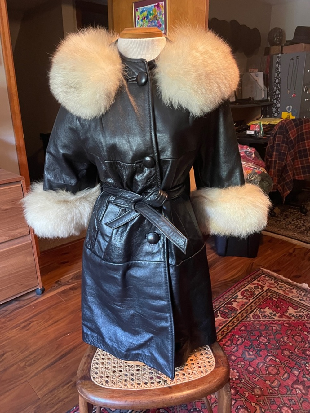 Vintage 60’s Black Leather Coat with Cream Fur Collar and Cuffs
